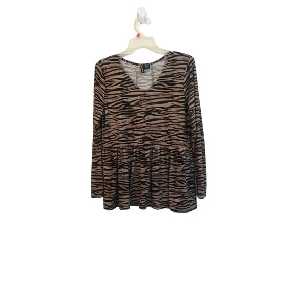 Animal Print Long Sleeve Peplum Top V Neck Blouse - Picture 1 of 15